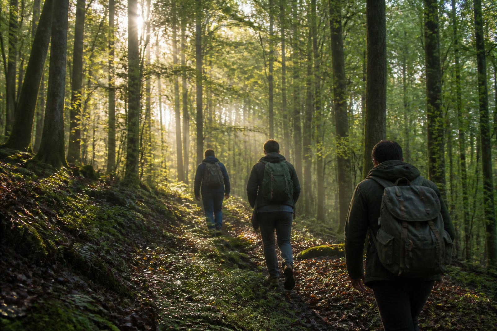 Three men walking with packs through a sunlit European forest
