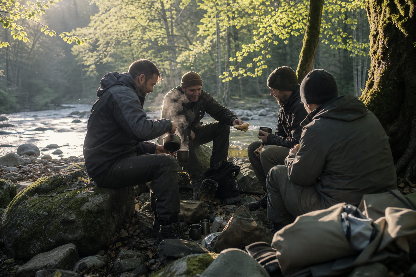 Four men sharing hot tea beside a sunlit forest stream