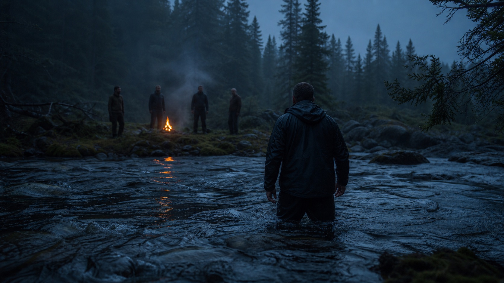 A man stands in a cold river while other men wait beside a small fire in a misty forest