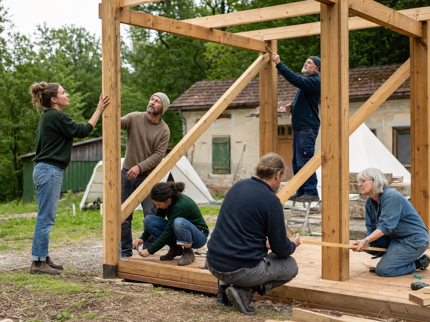 A mixed community group building a simple timber pavilion together