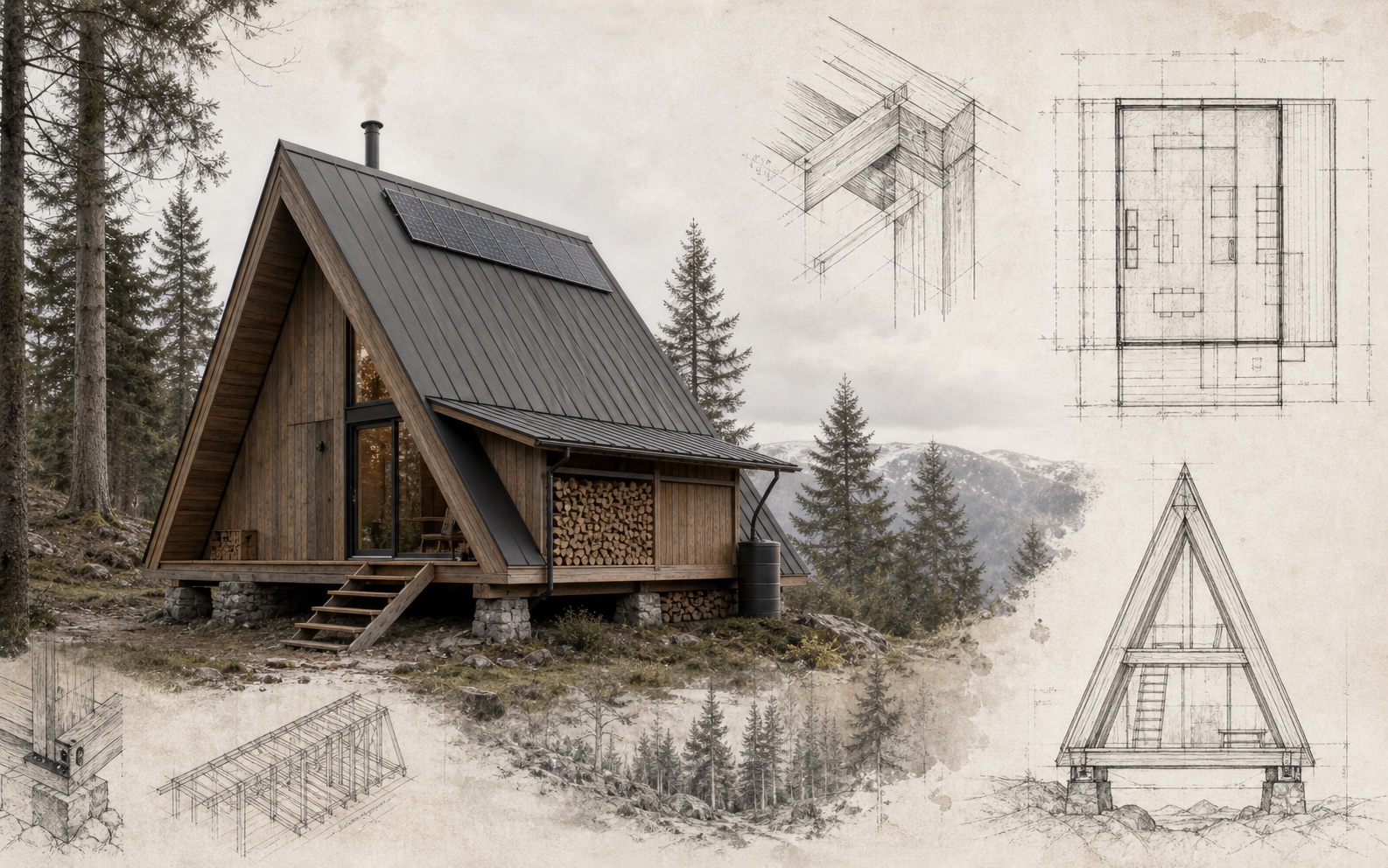 Architectural concept study of a compact timber A-frame house with floor plans and construction details