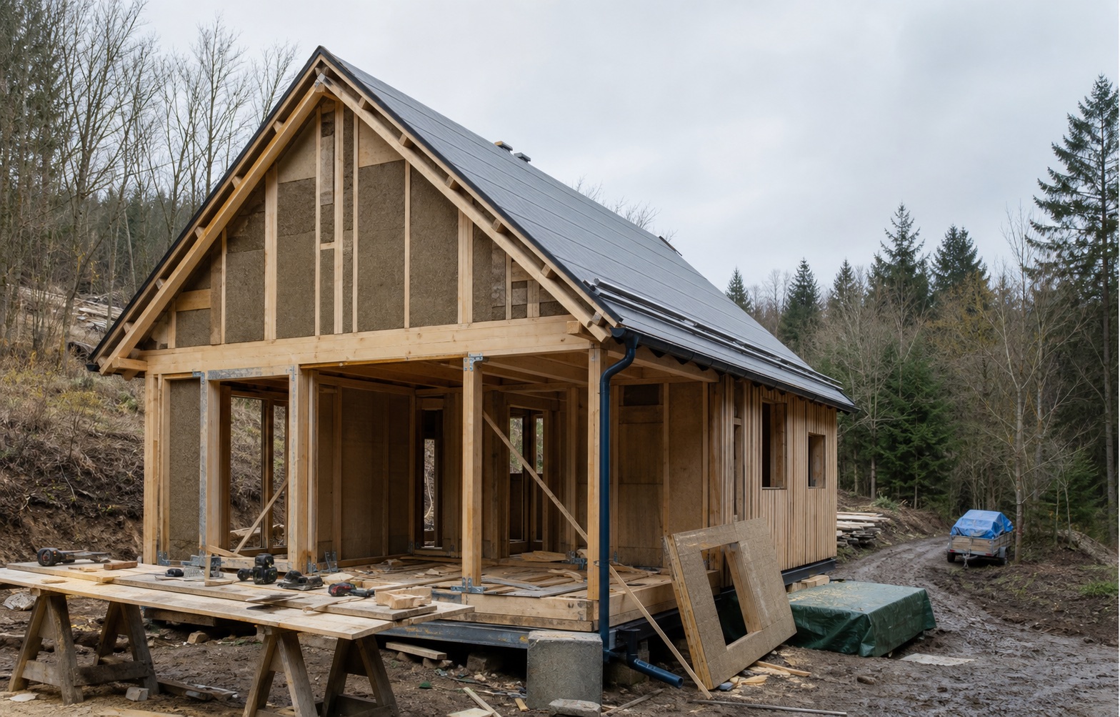 A timber building project taking shape from plans through hands-on construction