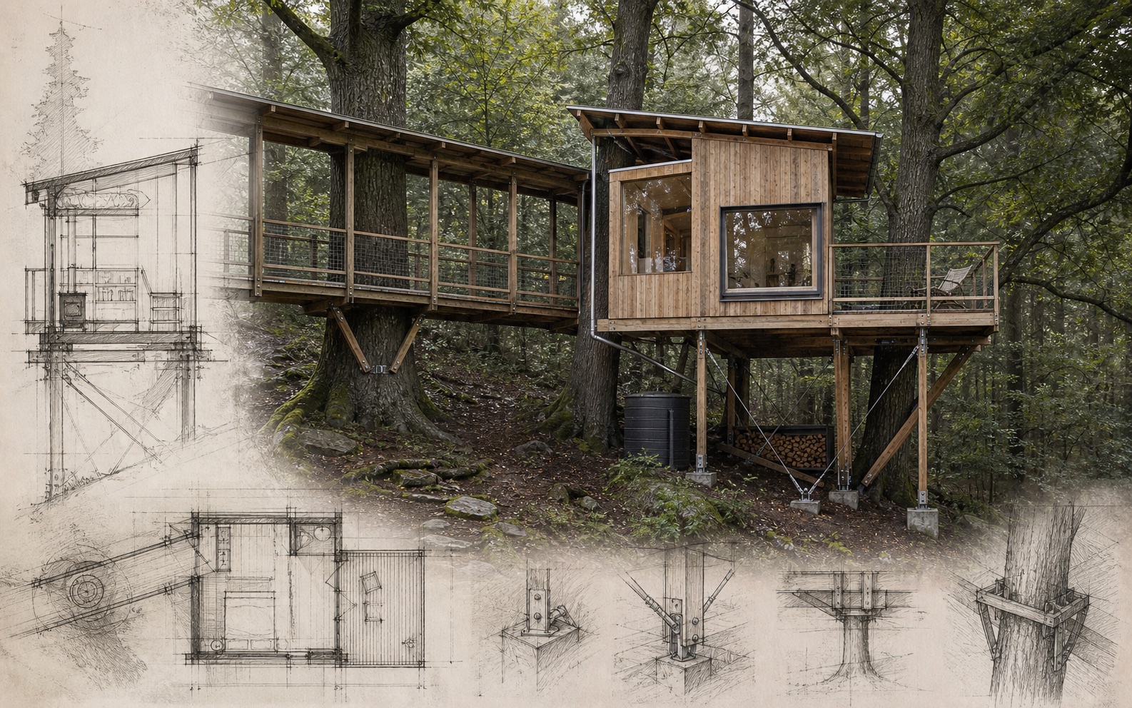 Architectural concept study of a livable timber tree house with structural plans and a covered access bridge