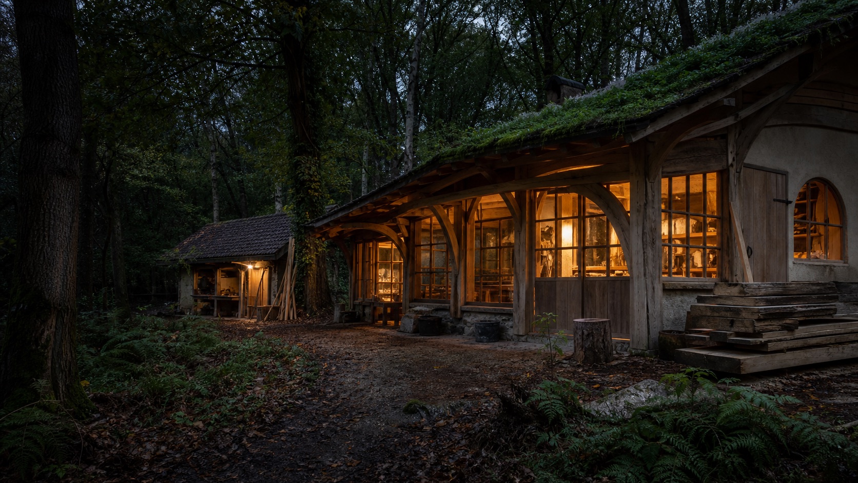 A handcrafted timber workshop glowing warmly in a forest at dusk