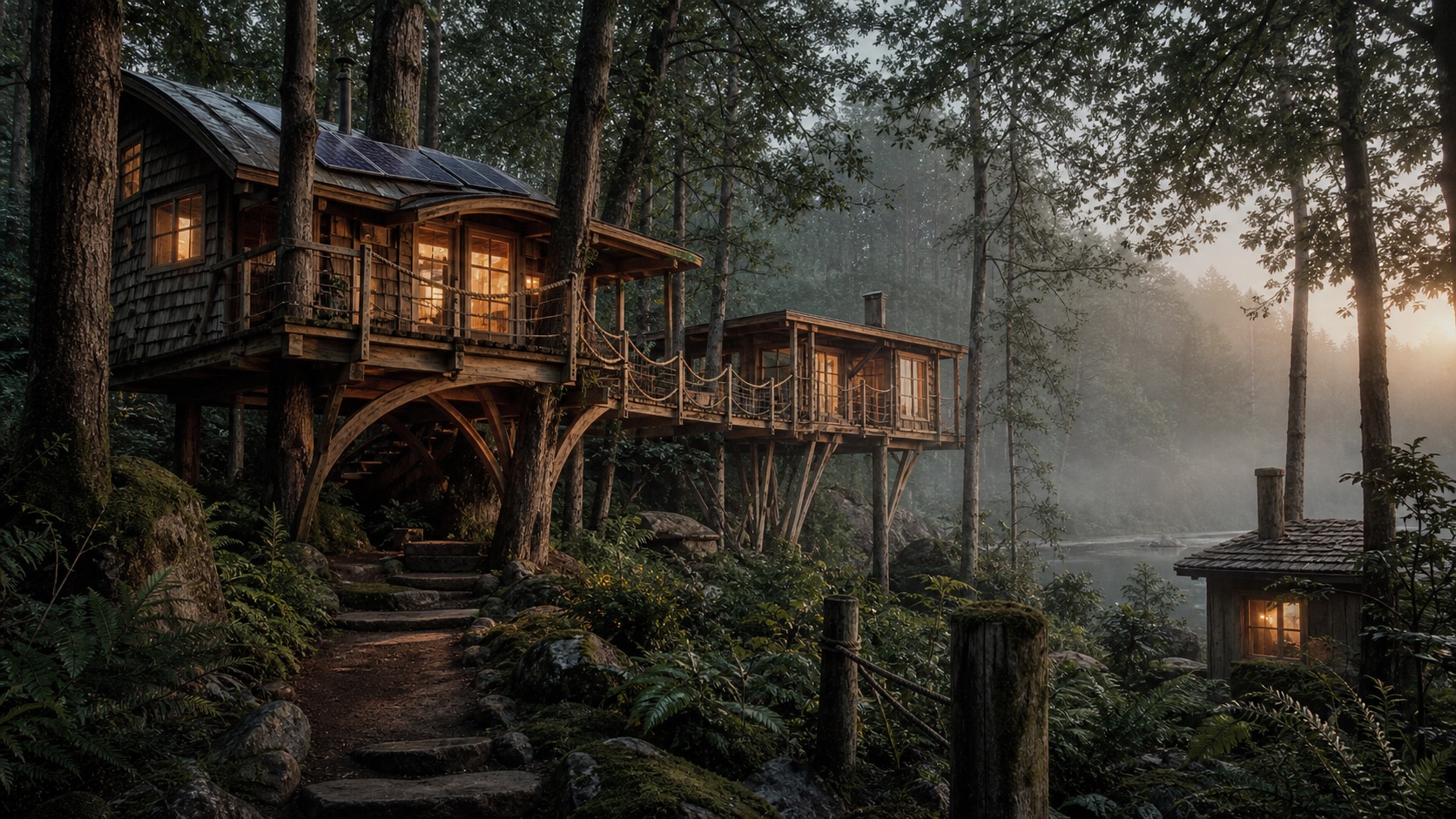 A believable off-grid timber treehouse fitted carefully among mature trees