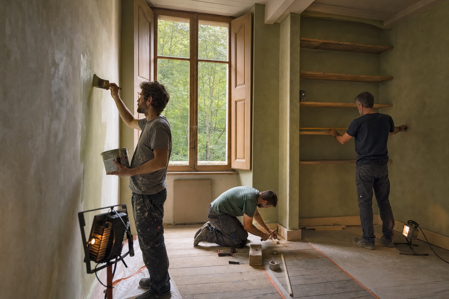 Three people carrying out careful renovation work in a modest room