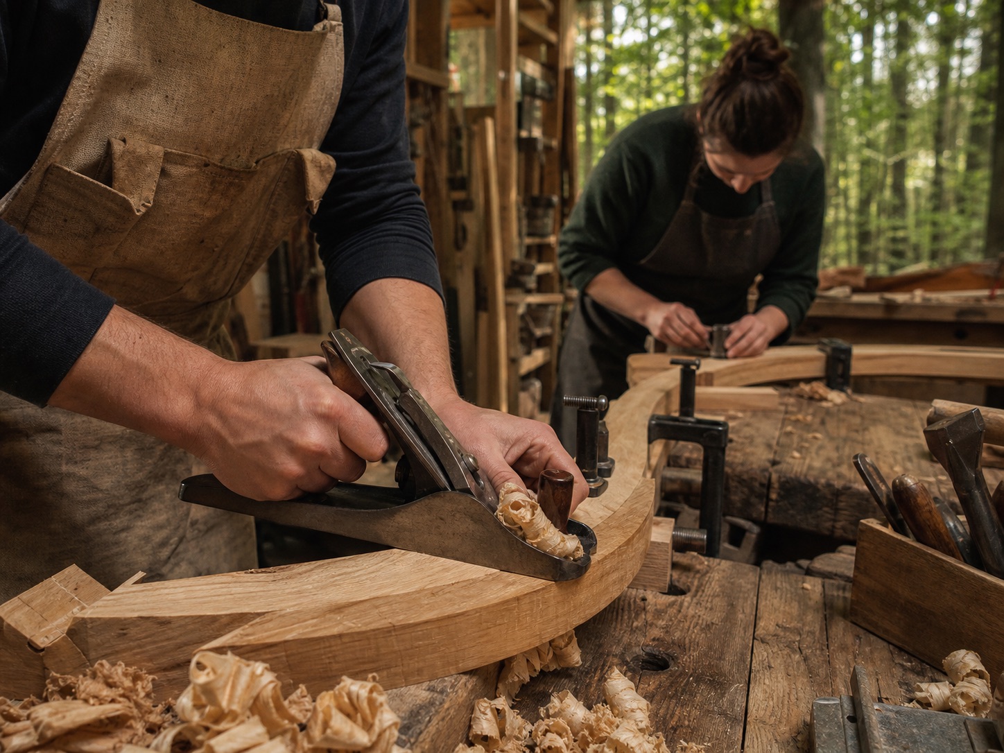 Craftspeople fitting curved timber by hand in an open woodland workshop