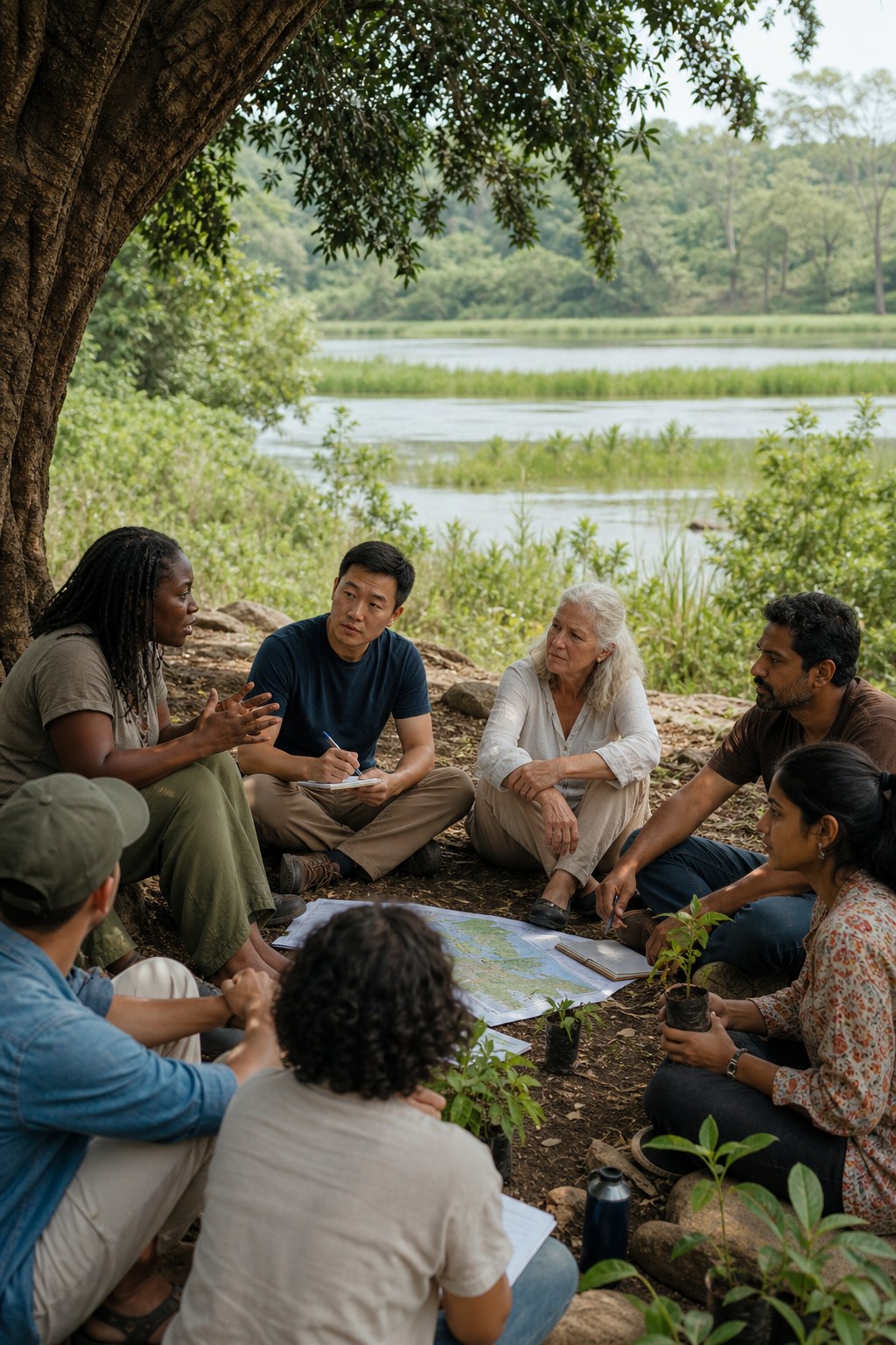 A mixed community circle planning a climate-resilience project beside a restored wetland