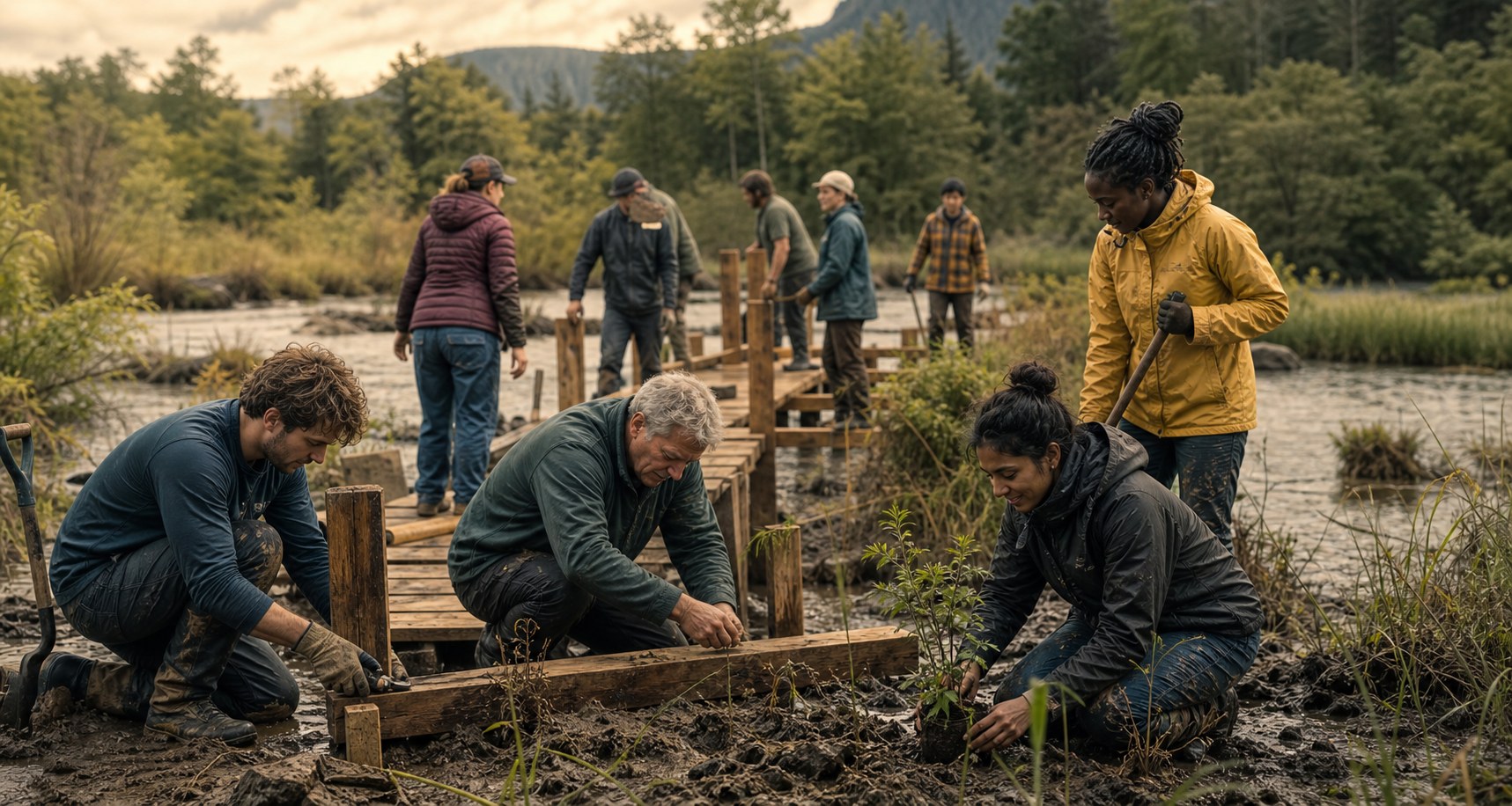 A local group restoring a river footbridge and planting wetland vegetation
