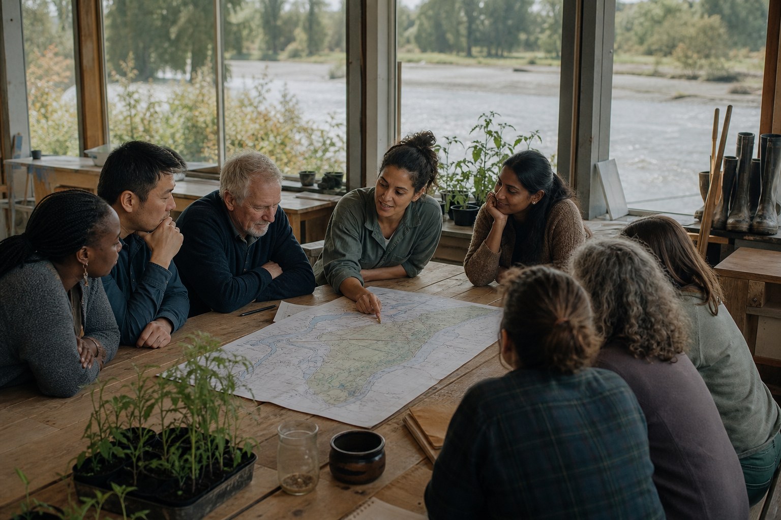 A mixed community group studying a hand-drawn river recovery map around a wooden table