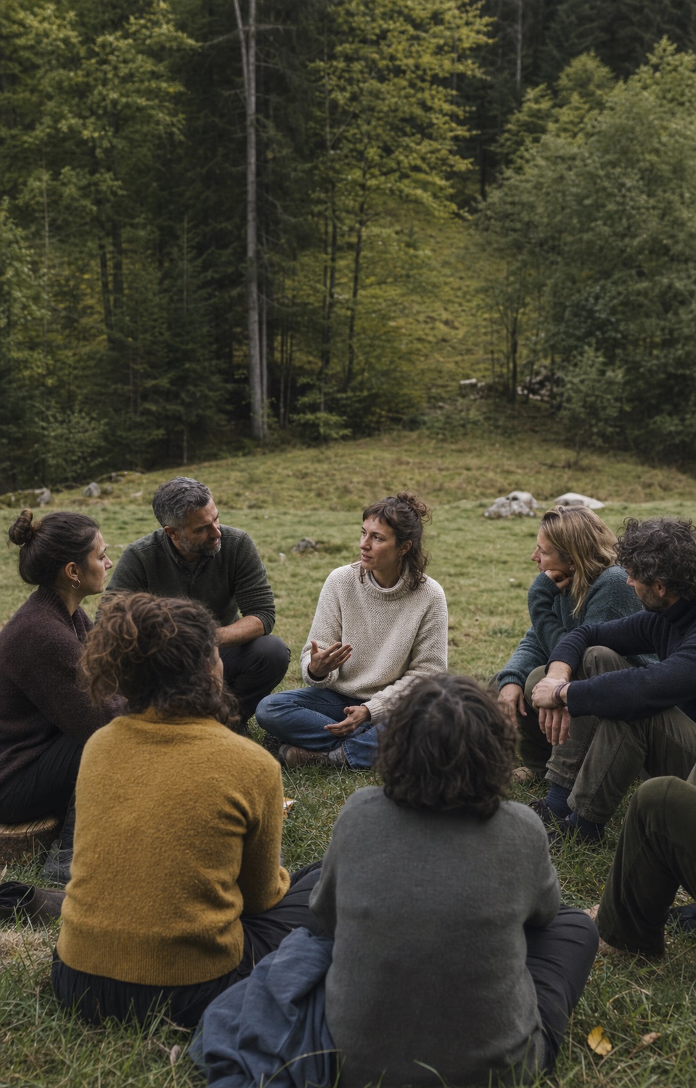 A small mixed group listening to one another in a quiet alpine meadow