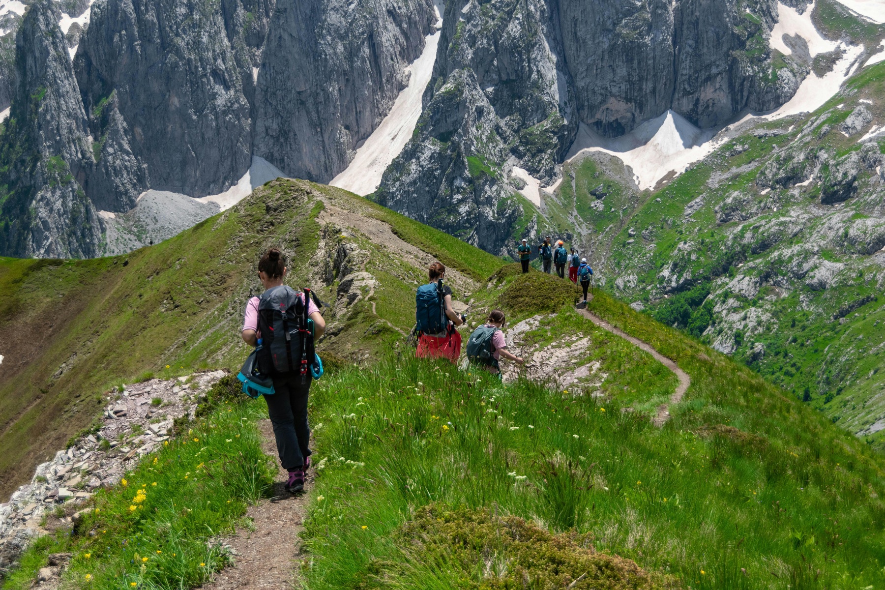 A small group walking through an open Alpine landscape