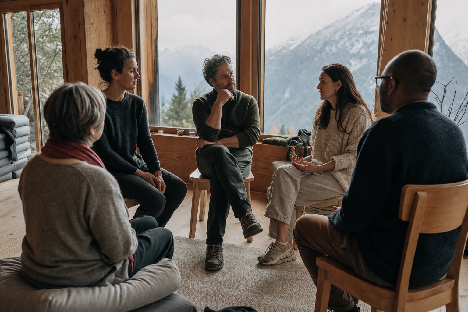 A small mixed group listening to one another in an alpine room