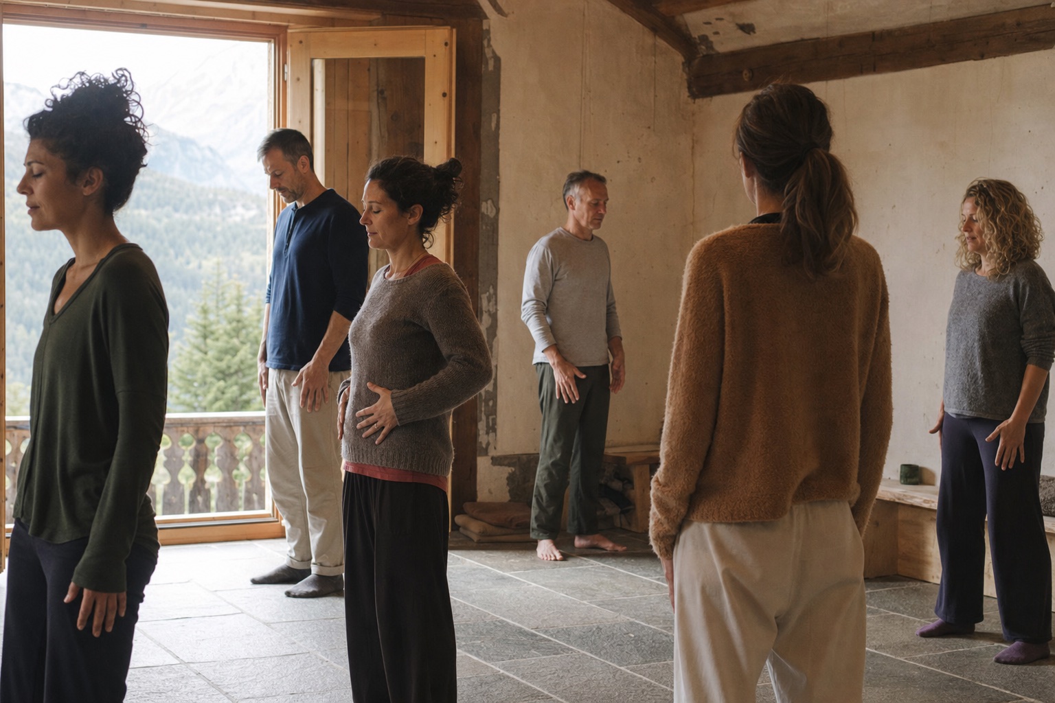 A small group exploring a gentle body-based practice in an alpine house